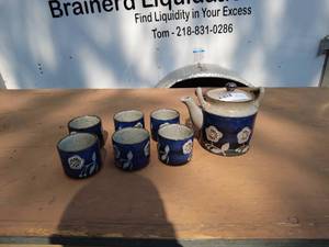 Ceramic Teapot and 6 Cups Set - Blue with Floral Design