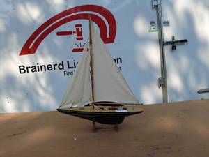 Vintage Wooden Model Sailboat with Canvas Sails