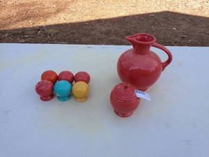 Collection of 7 Vintage Fiesta Tableware Pieces - Includes Pitcher, Covered Dish, Salt, and Pepper Shakers