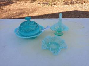 Group of 3 Vintage Glass Pieces - Blue Fenton Style