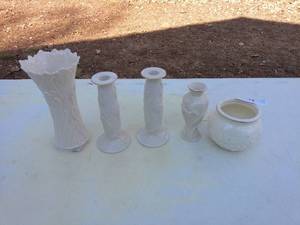 Set of 5 Vintage White Porcelain Vases and Candle Holders