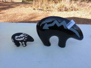 Set of 2 Vintage Native American Bear Figurines - Black Pottery