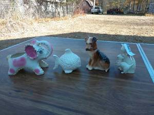 Set of 4 Vintage Ceramic Figurines - Elephant, Fish, Dog, and Cat