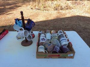 Group of Assorted Decorative Coffee Mugs with Display Stand - On Site Auction