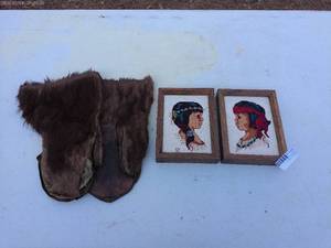 Vintage Collection of Native American-Themed Items - Leather Mittens & Needlepoint Portraits