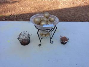 Decorative Glass Bowl with Gold Orbs and Candle Holders - On Site Auction