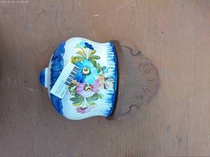 Vintage Floral Decorated Wall Cachepot with Wooden Backing