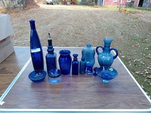 Collection of Blue Glass Bottles and Vases - On Site Auction