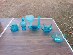 Collection of 7 Vintage Aqua Glass Decorative Pieces