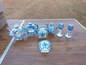 Collection of Vintage Blue and White Porcelain Teapots and Candle Holders - On-Site Auction