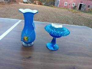 Set of 2 Vintage Blue Glass Decorative Pieces - Vase and Candy Dish