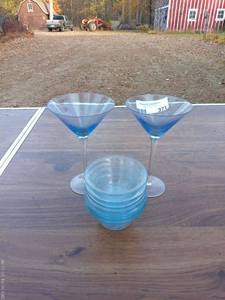 Set of 2 Blue-Accented Martini Glasses with Matching Bowl - On Site Auction