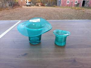 Group of 2 Vintage Glass Vases - Unique Teal Design