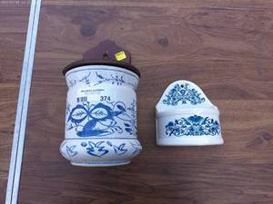 Vintage Ceramic Wall Mount Flower Pot and Holder Set - Blue Floral Design