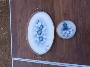 Set of 2 Vintage Blue & White Floral Plates - Decorative Tray & Small Dish