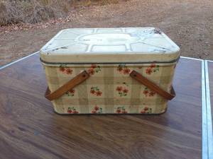Vintage Floral Metal Picnic Basket with Wooden Handles