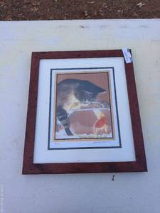 Framed Limited Edition Cat and Goldfish Print by Arlette E. Horse - 81000