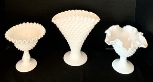 lot 110 image: Three White Vintage Hobnail Milk Glass Vases