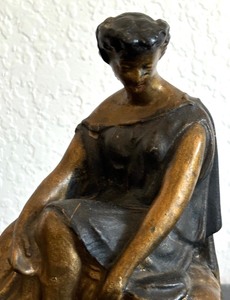 lot 61 image: Antique 1890s Art Nouveau Spelter Cast Metal Seated Goddess Clock Topper