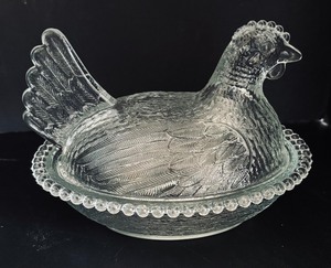 lot 129 image: Two Charming Covered Glass Chicken Dishes
