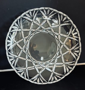 lot 143 image: Vintage Crystal and Clear Glass Platter, Pedestal Platter, Vase and Covered Dish