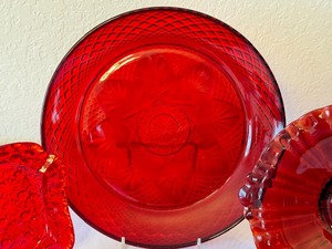 lot 209 image: Vintage Cristal DArques Durand Ruby Red Dinner Plate, Vintage Anchor Hocking Footed Ruby Red Bon Bon Bowl & More