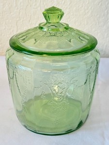 lot 17 image: Vintage Green Depression Uranium Glass Cookie Jar  Vintage Green Depression Vaseline Glass Cookie Jar