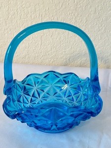 lot 202 image: Vintage Indiana Glass Monticello Aqua Blue Basket & Vintage LE Smith Moon and Stars Toothpick Holder
