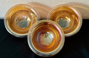 lot 32 image: Set of Three Vintage Iridescent Peach Carnival Glass Mixing Bowls
