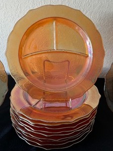 lot 34 image: (12) Vintage Federal Normandy Iridescent Peach Carnival Glass Divided Grill Plates - Bouquet and Lattice Pattern