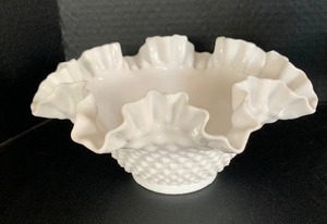 lot 268 image: Three Vintage Fenton White Milk Glass Hobnail Treasures, Including Ruffled Fluted Crimped Bowl and More
