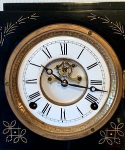 lot 256A image: Antique Nicholas Mullers Sons Inc. Iron Enameled Mantel  Shelf Clock