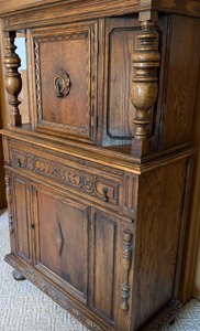 lot 11 image: Antique Hutch China Cabinet Revival Early 20th Century Spanish  Vintage Jacobean Revival Carved Oak Cabinet