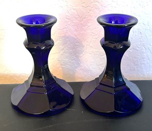 lot 334 image: Beautiful Cobalt Blue Bell, Candle Holders, Pitcher and Bowl