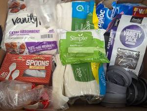 lot 37 image: back room pallet - Mixed Household Paper and Plastic Goods Lot