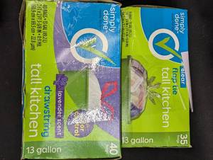 lot 149 image: paper pallet - Lot of Simply Done Clear Plastic Utensils, Plates, Tall Kitchen Bags, and Kleenex Tissues