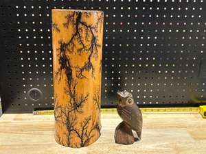 lot 15 image: Fractal Burned Wood and Solid Ironwood Wood Carved Owl