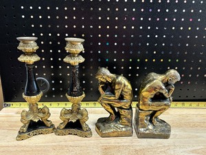 lot 6 image: Vintage The Thinker Book Ends and Brass Candlesticks