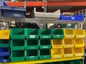 lot 31 image: Large Lot of Akro-Mils Item Supply Storage & Organization Bins (mixed sizes) - Hangs On Walls & Perfect For Organizing Cart Drawers - These bins reduce manufacturers storage space by 50% Great Condition (Cart Not Included)