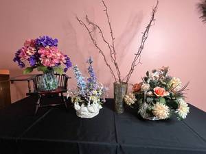 lot 28 image: Lot of Artificial Flower Arrangements with Unique Wooden Chair Plant Stand