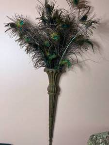 lot 31 image: Wall-Mounted Metal Vase with Peacock Feathers