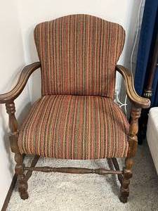 lot 42 image: Vintage Wooden Armchair with Multicolored Striped Upholstery