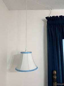 lot 45 image: Hanging Pendant Lamp with White Shade and Blue Trim