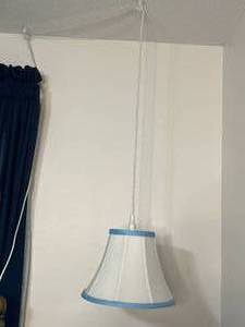 lot 46 image: Hanging Pendant Lamp with White Shade and Blue Trim