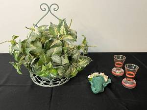 lot 51 image: Decorative Lot with Wrought Iron Plant Holder, Ceramic Wall Platter, and Glass Candle Holders