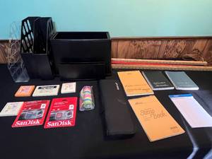 lot 61 image: Lot of Office Supplies Including SanDisk Cards, Steno Books, and File Organizers