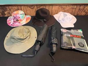 lot 78 image: Assorted Hats, Umbrellas, and 32 Degrees Long Sleeve Crew Neck