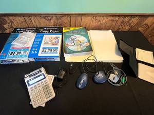 lot 80 image: Lot of Office Supplies Including Copy Paper, CDDVD Labeling Kit, Mice, Calculator