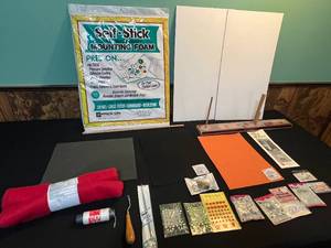 lot 82 image: Assorted Crafting Supplies with Fabric Remnant, Mounting Foam, and E-Z BowMaker