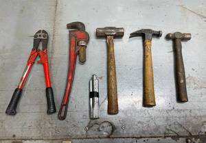 lot 116 image: Hand Tool Set with Hammers, Pipe Wrench, and Bolt Cutter